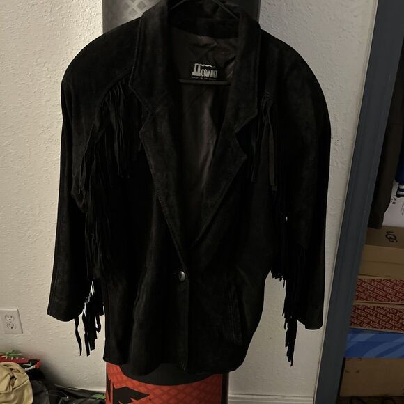 Vintage COMINT Women's Sueded‎ Black Leather Fringed Jacket/Coat (S) - Picture 1 of 4